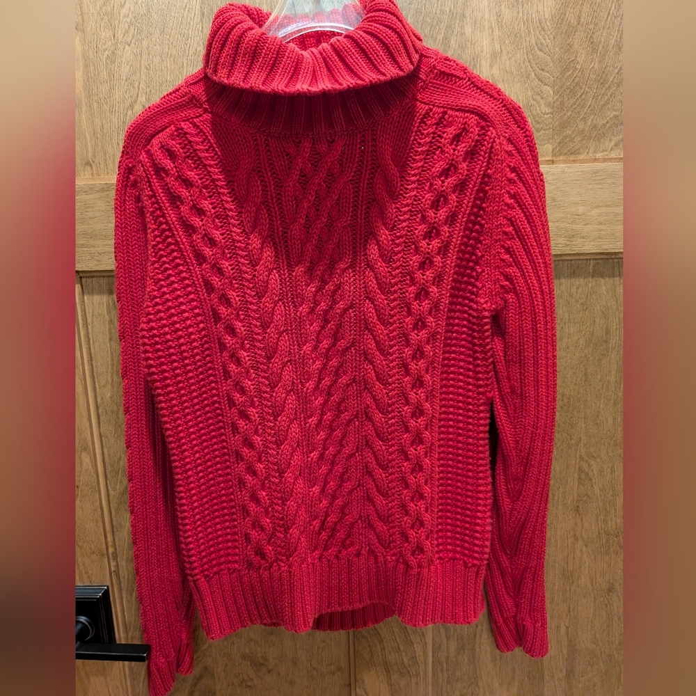 Women's Red Cable Knit Turtleneck Sweater, Size M